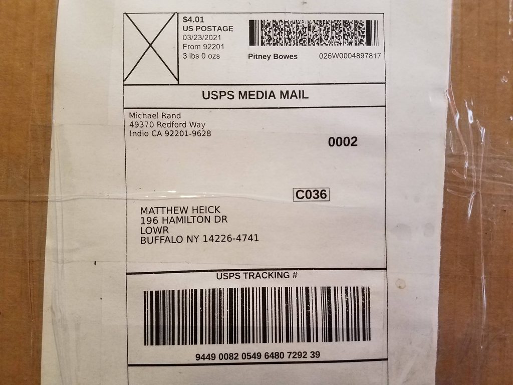 USPS Media Mail, from Michael Rand (49370 Redford Way, Indio, CA 92201-9628) to Matthew Heick (196 Hamilton Dr, Lowr, Buffalo, NY 14226-4741)